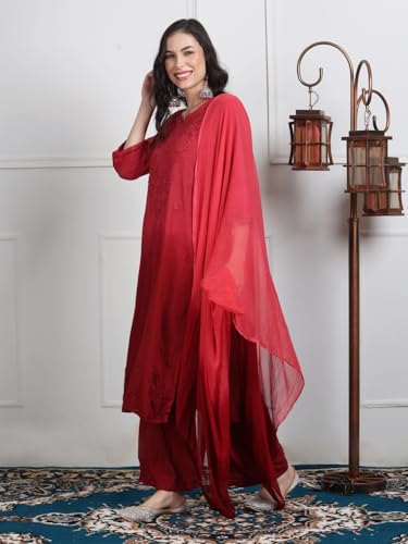 Image of Women's Luxe Lucknowi Chikankari Hand Embroidered Rayon Dyed Kurti Palazzo Dupatta Set - Designer Ethnic Wear for Wedding, Festive & Party Occasions