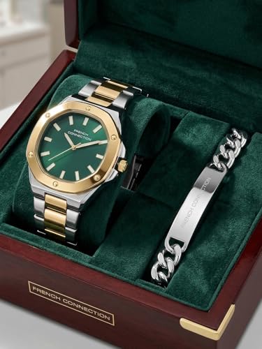Image of French Connection DUOLUXE Green Dial Stainless Steel Watch and Bracelet for Men - FCB22NTM