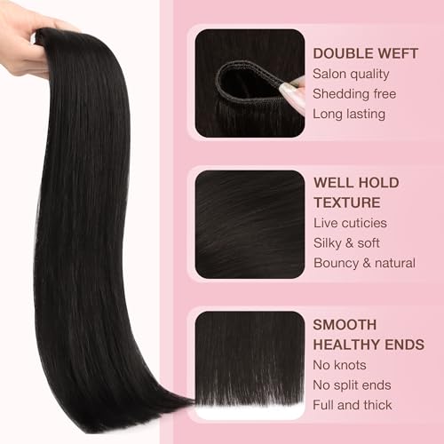 Image of GOO GOO Sew in Hair Extensions Real Human Hair, Weft Hair Extensions Human Hair, 1B Natural black 20inch 100g, Weft Bundles Straight Silky Remy Hair