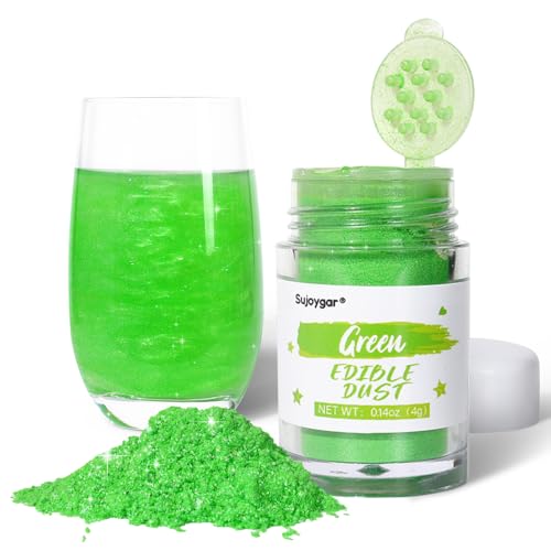 Sujoygar Green Edible Glitter for Drinks Cocktails, Food Grade 4g Luster Dust Edible Green Glitter for Cakes Cookies Chocolate Cupcake Baking Shimmer Powder, Easter Halloween Party Food Decoration