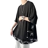 [KOTRBOY] Tシャツ メンズ 5分袖 七分袖 吸汗速乾 ビッグシルエット 100%ポリエステル 無地 ゆったり ティーシャツ 夏服 春夏秋 カジュアル ストリート トップス black-M