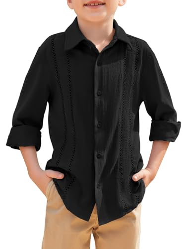 Haloumoning - Haloumoning Chemise à manches longues Cuban pour enfants - En coton - Couleur unie - Légère - Décontractée - Pour la plage - Pour garçons de 5 à 14 ans, Noir , 13-14 ans