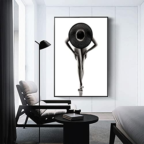 Peinture murale art moderne femme chapeau noir blanc 80x110