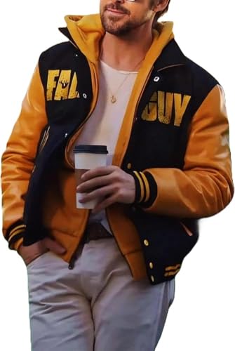 Men's Fall Guy Hooded Varsity Letterman Leather Jacket Ryan Gosling Stunt Team Baseball Bomber Jacket Men 2XS-4XL