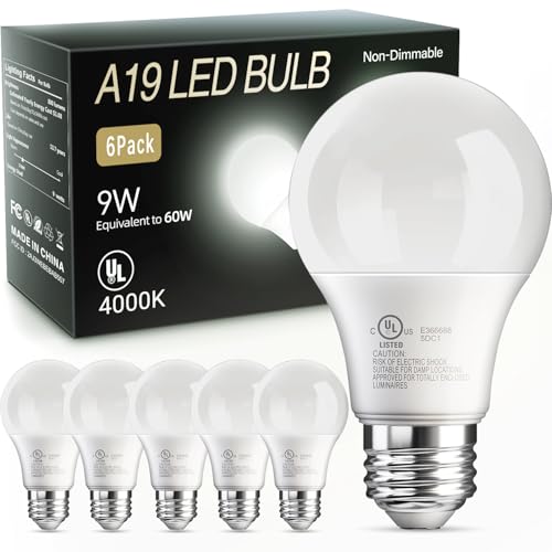 Image of TJOY 6 Pack A19 LED Light Bulbs, Cool White 4000K, 60 Watt Eq, E26 Base | Efficient 9W, Standard Neutral White Lightbulb, Energy Saving, Non Dimmable, 800LM, 80 CRI, 120V, UL Listed