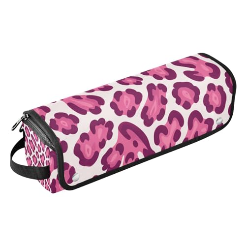 Organizador 2 en 1 para herramientas de cabello con estera para plancha grande, estuche de viaje para planchas alisadoras, rizadoras, secadoras planas, impresión rosa leopardo cheetah, esenciales de viaje para mujeres