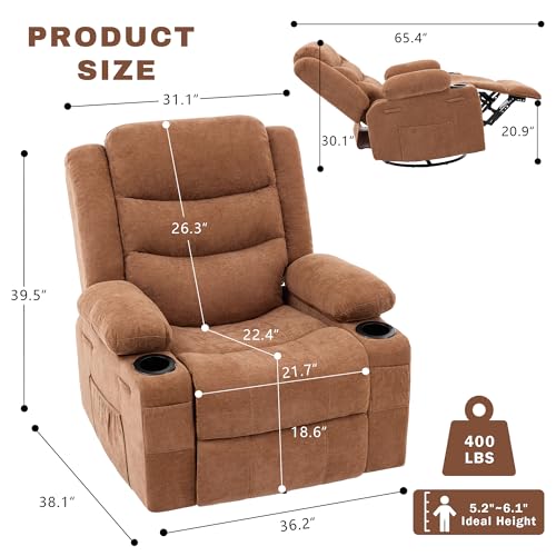 Image of Swivel Rocker Recliner Chair, Manual Recliner Single Sofa with Cup Holders and Side Pocket, Chenille Fabric, Upholstered Nursery Rocking Chair for Living Room, Bedroom, Brown