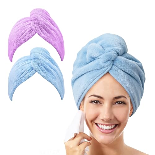 Muexoee 2 Pack Microfibre Hair Towel Wrap Super Absorbent Soft Anti-Frizz Hair Towel Quick Dry Hair Wrap Towel for Women Wet Hair Suitable for All Hair Types (Blue Purple)