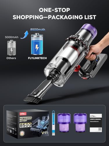 Image of FLYLINKTECH V11 /V15 Battery Replacement, 8500mAh V11 Battery Compatible with Click-in Installation for SV15 SV22 970425-01 Extra /Absolute /Animal /Torque /Drive /Outsize Vacuum (Not for Screw-in Models)