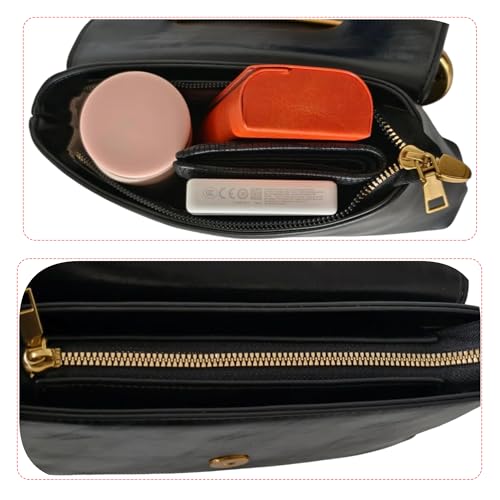 Women's Small Black Soft Pin Shaped Vegan Leather Crossbody Purse Bag with Gold Metallic Handles & Chain4