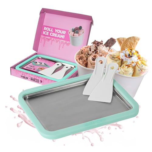STONELINE by Mr. Ice Cream Rolls ORIGINAL Ice Cream Rolls Maker Placa para helados Mint 26x21x3,5 cm con 2 espátulas para helado casero, helado comestible, DIY, rollos de helado, placa de acero