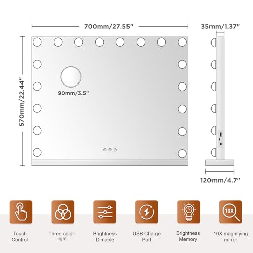 M MIVONDA Hollywood Vanity Mirror with 18 Bulbs Lights, Large Lighted Makeup Mirror for Desk and Wall, Dimmable 3 Lighting Modes, Plug-in & USB Charger Port, White by M MIVONDA - Image 6