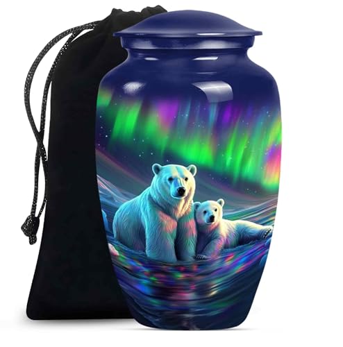 Image of Northern Lights Polar Bear Urn for Adult Ashes Male & Female - Large Memorial Urns for Human Ashes - Elegant Aurora Borealis Themed Burial Urns - Decorative Urn (Large 10 inch)
