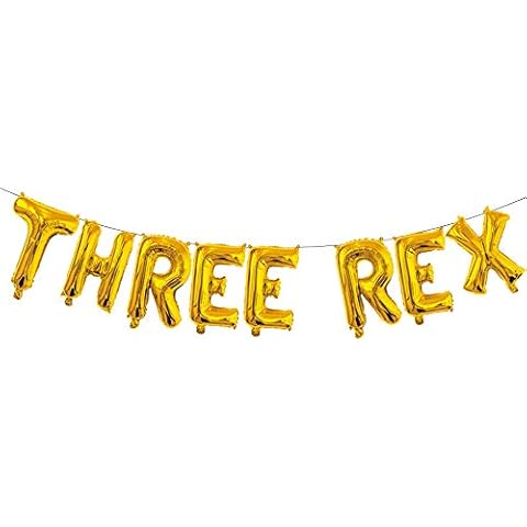 Three Rex Letter Balloon for Three Year Old Birthday, Dinosaur Party, Dino Theme Decor, Party Balloons Decorations Supplies (16inch,Gold) Cover