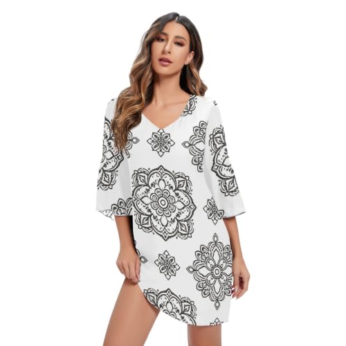 Robe en mousseline mandala noir col V légère anti-chaleur