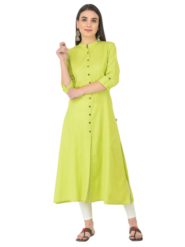 ANANYA FASHION & CRAFTS HUBWomen Cotton Mandarin Collar A Line Solid Kurti 3/4 Roll Up Sleeves Calf Length Flared Kurta