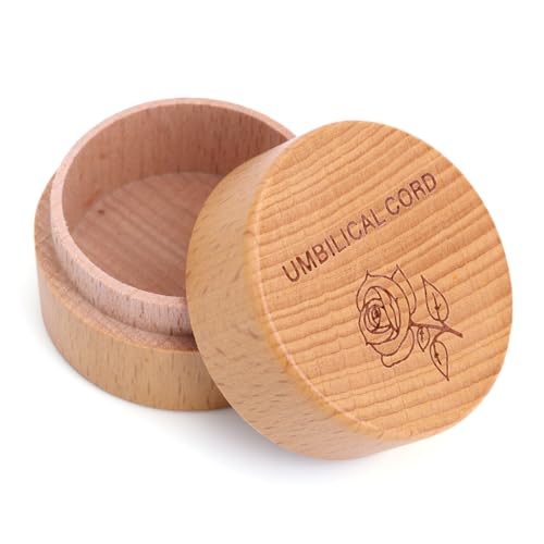 BOXOB Caja Conmemorativa del Cordón Umbilical, Redonda de Madera Grabada Recuerdo de Recién Nacido Contenedor para Guardar Cabello Fetal Ideal para Baby Shower Embarazo Bautizo