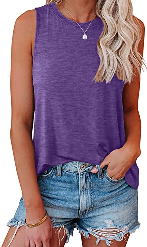 Bliwov Womens Tank Tops Crewneck Loose Fit Basic Solid Color Casual Summer Sleeveless Shirts Purple #TOP2