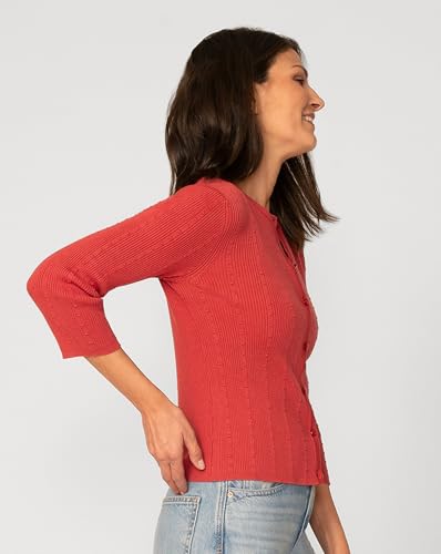 Image of Cable & Gauge Textured Rib Crewneck Cardigan, 3 /4 Sleeve, Button Front for Women