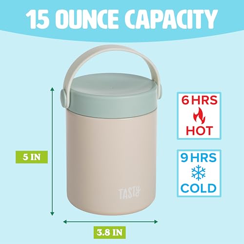 Image of Tasty Food Jar with Folding Handle, Portable Snack Travel or Lunch Container, Stainless Steel Insulated Vacuum with Leak-Proof Lid, Keeps Food Hot or Cold for Hours, 15-Ounce, Cream