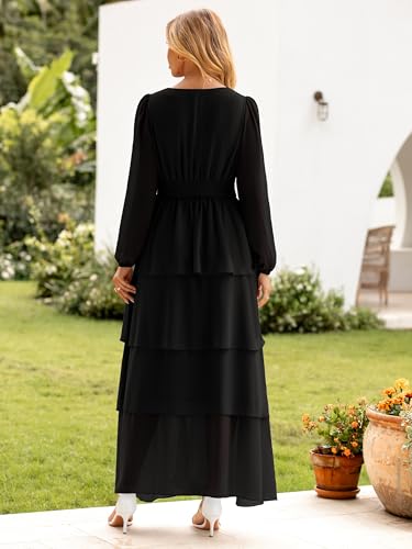 BerryGo Womens Flowy Maxi Dress Chiffon Long Sleeve Slit V Neck Casual Ruffle Tiered Boho Fall Wedding Guest Long Dress(Black,X-Large) — view 6