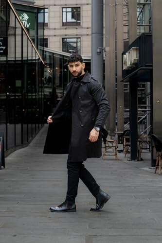 AOWOFS Men's Double Breasted Trench Coat Stylish Slim Fit Mid Long Belted Windbreaker