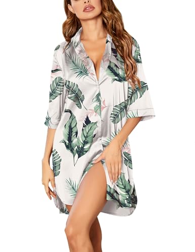 Image of Ekouaer Women's Satin Nightshirt Button Down Sleepshirt Silk 3 /4 Sleeve Nightgown Boyfriend Notch Collar Sleepwear S-3XL