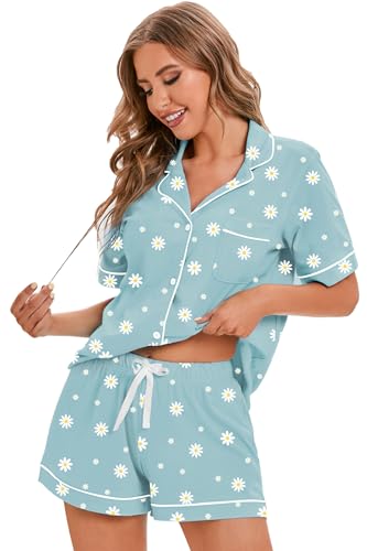 Image of LUBOT 100% Cotton Pajamas for Women 2 Piece PJ Set Button-Down Soft Knit Short Sleeve Summer Sleepwear Loungewear XS-XXL