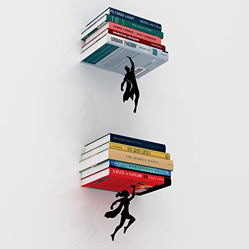 Image of Floating Bookshelf - Wonder&Supershelf - Invisible Hanging Wall Shelf Set | Hero and heroine designs together as a comic decor accent with no visible mounting hardware