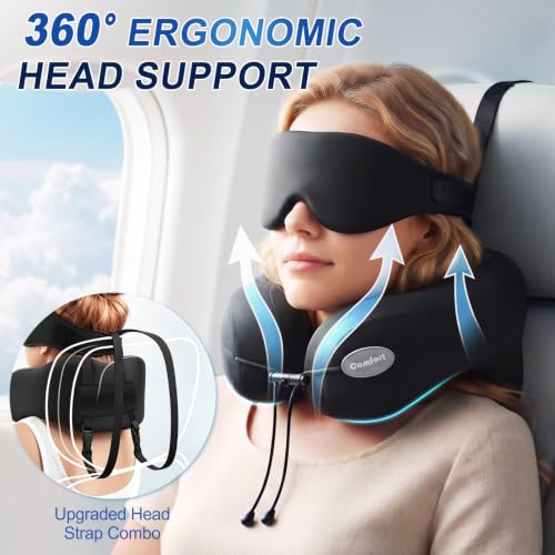 Oreiller cervical de voyage avec masque pour les yeux et support de tête pour les longs vols, noir – Image 4