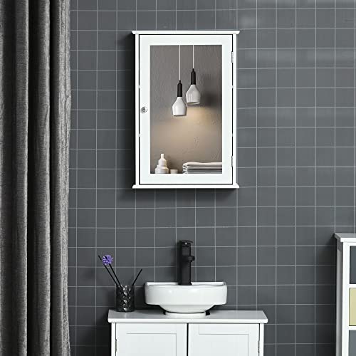 kleankin Armoire Murale de Salle de Bain avec Miroir - Armoire à Glace - Placard de Rangement Toilettes - 1 Porte, 2 étagères - Verre MDF Blanc