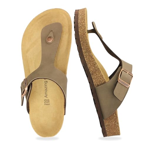 Men's Cork Footbed Flip Flops, Thong Sandals with Adjustable Straps and Arch Support, Open Toe Beach Sandals All-Day Comfort Summer Shoes