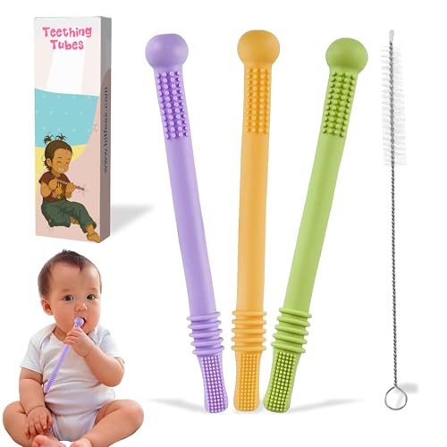 Image of Lefan Silicone Tube Teething Toys for Babies - 6-18 Months Infants - Pack of 3 Pcs, Multicolor (Round-3Pcs)