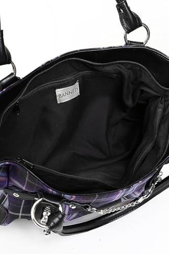 Bolso tote tartán negro y púrpura estilo punk para mujer miniatura 3