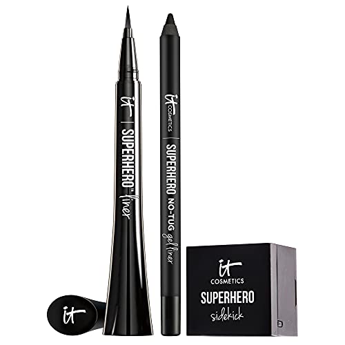IT Cosmetics Eye Makeup Set – Includes Superhero Eyeliner Pencil + Superhero No-Tug Gel Liquid Eyeliner + Superhero Sidekick Eye Pencil Sharpener – with Peptides, Collagen, Biotin & Keratin
