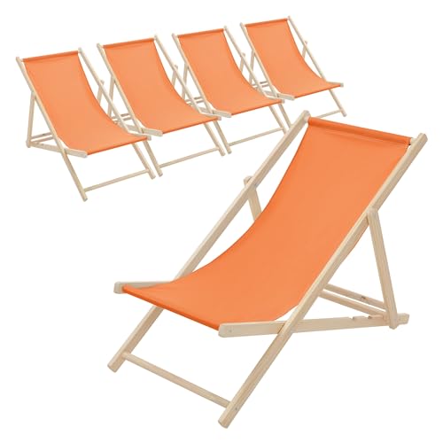 ECD Germany Lot de 5 Chaises Longues Pliantes en Bois Chiliennes, Orange, Dossier Réglable, 3 Positions de Couchage, jusqu'à 120kg, Bain de Soleil en Tissu...