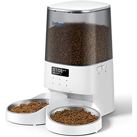 Rellorus Automatic Cat Feeders, 5L/21Cups Cat Food Dispenser for Two Cats, Timed Cat Feeder with Double Bowls, 48 Portions 6 Meals Per Day for Cat and Small Dog, Memory Function, 10s Meal Call Cover
