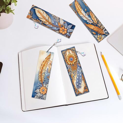Image of 4-Pack 5D Diamond Painting Bookmarks Kit, DIY Diamond Art Bookmarks with Rhinestones and Tassels, Bohemian Unique Flower and Feather Designs, Handmade Bookmark Set for Adults, Gift for Book Lovers