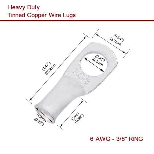 6 AWG 3/8" Stud (25 pcs.), Heavy Duty Tinned Battery Cable Lugs 6 Gauge Wire Connectors 6 AWG Ring Terminals Copper Wire Lugs Bare Copper Eyelets by JOYPXF - Image 3