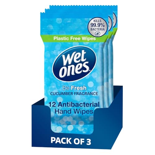 Image of 3 Pack Wet Ones Antibacterial Hand Wipes – 36 Wipes, Plastic Free, Cucumber Fragrance, Travel Size Hand Cleaning Wipes for Home, Office, School Car Travel Everyday Fresh Cleaning & On the Go Use