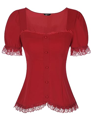 Allegra K Victorian Shirt for Women's Sweetheart Neck Puff Sleeve Halloween Lace Up Gothic Blouse 3X-Large Burgundy