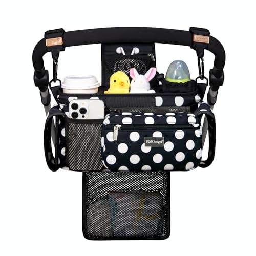 Image of TOPDesign Universal Baby Stroller Organizer, Stroller Caddy with Detachable Mesh Bag & Heightened Insulated Cup Holders & Non-Slip Secure Hooks Accessories, Fits Most Strollers (Polka Dots)