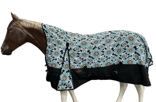 Image of 1200 Denier Horse Rain Sheet (Waterproof /Breathable & Wind Proof Turnout Sheet) Horse Breathable Rainsheet (Aztec-Cow-Aqua, 84)