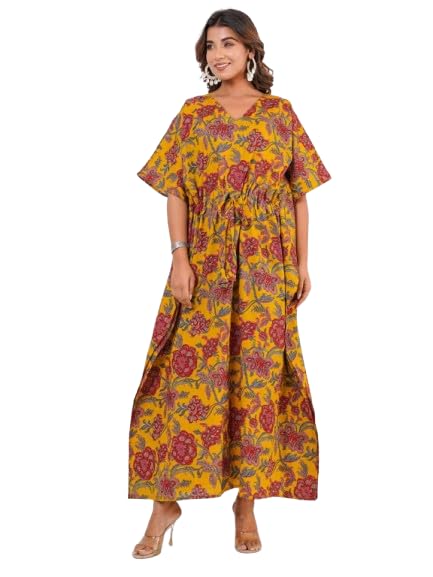 modi factory Women’s Floral Printed Kaftan Maxi Dress | Cotton Bohemian Long Kaftan with Drawstring Waist | Comfortable Summer Lounge Wear. Mustard-picture-43