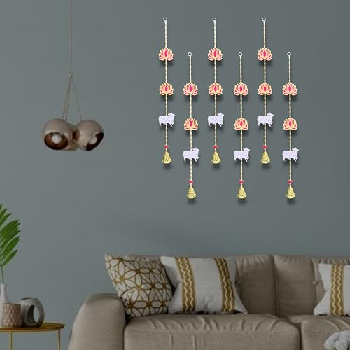 Image of Rajasthan Kraft Handmade Lotus Hanging, Pack of - 6, with Jali Bell, Beads, and MDF Cow, for Pom Pom, Size - 27 * 3 Inch, Perfect Used for - Home Decor, Festival & Wedding Decoration (36828-6)
