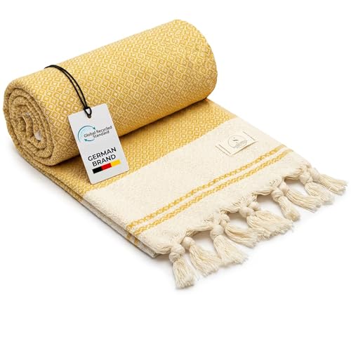 SIEGENTHAL® Hamamtuch – Leichtes Strandtuch & Saunatuch aus recycelter Baumwolle – Schnell Trocknend, Groß & Weich – 90cm x 200cm – Ideal für Strand, Sauna, Yoga, Picknick – Gelb