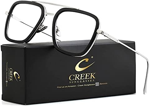 CREEK Blue Light Blocking Blue Cut Zero Power anti-glare Retro Square Eyeglasses,Tony Stark Frame for Eye Protection from UV by Computer/Tablet/Laptop/Mobile (With Torch and Testing Card)