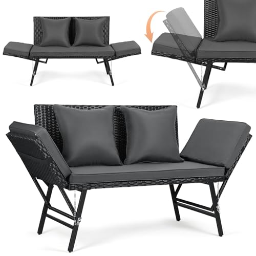 Gartenbank Polyrattan mit Liegefunktion 3 in 1 Wetterfest Gartensofa mit Verstellbaren Armlehnen 2-Sitzer Outdoor Sofa für Garten Balkon & Terrasse Balkon Sofa inkl. Kissen und Sitzpolster Grau