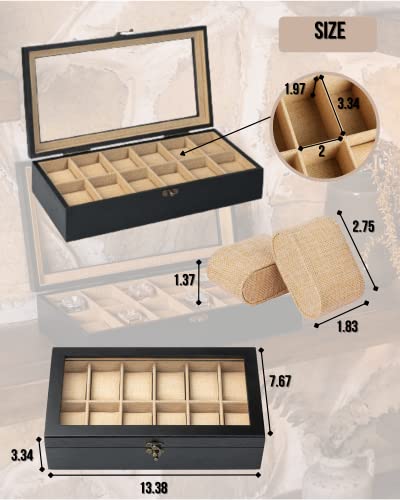 Image of Watch Box, Watch Case for Men Women with Large Glass Lid, Wooden Watch Display Storage Box with 12 - Slots, Charcoal Black Mens Watch Box Organizer