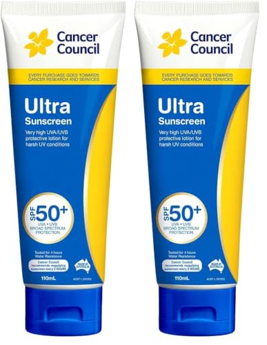 Cancer Council Ultra SPF 50+ Sunscreen 110ml Tube - Cancer Council Sunscreen with 4Hr Water Resistance, Broad Spectrum UVA/UVB for Kids & Adults, Australian Made, Supports Cancer Research (Pack of 2)